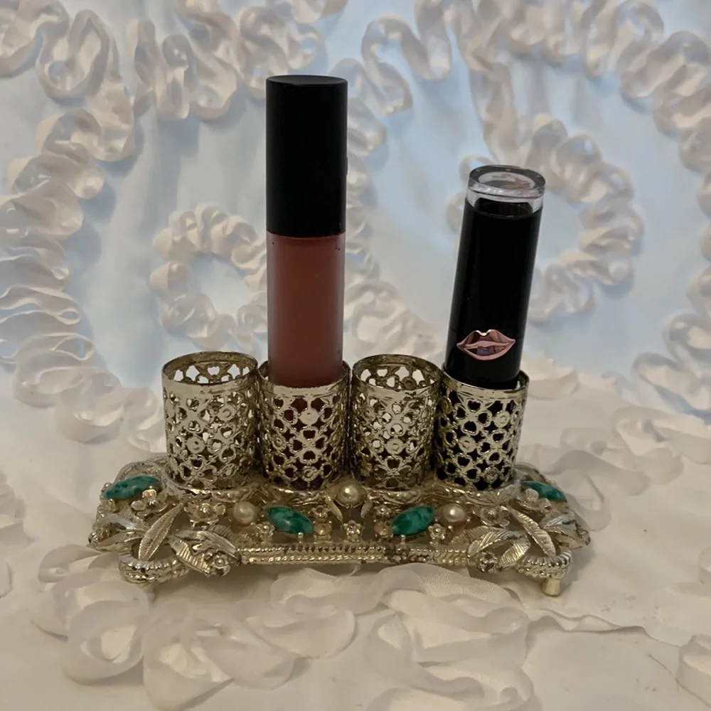 Sam Fink Vintage Filigreed Embellished Lipstick Holder Goldtone Silvertone